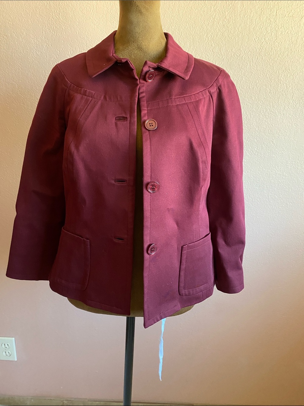TALBOTS 3/4 Sleeve Wine Button-Front Pea Coat 97% Cotton